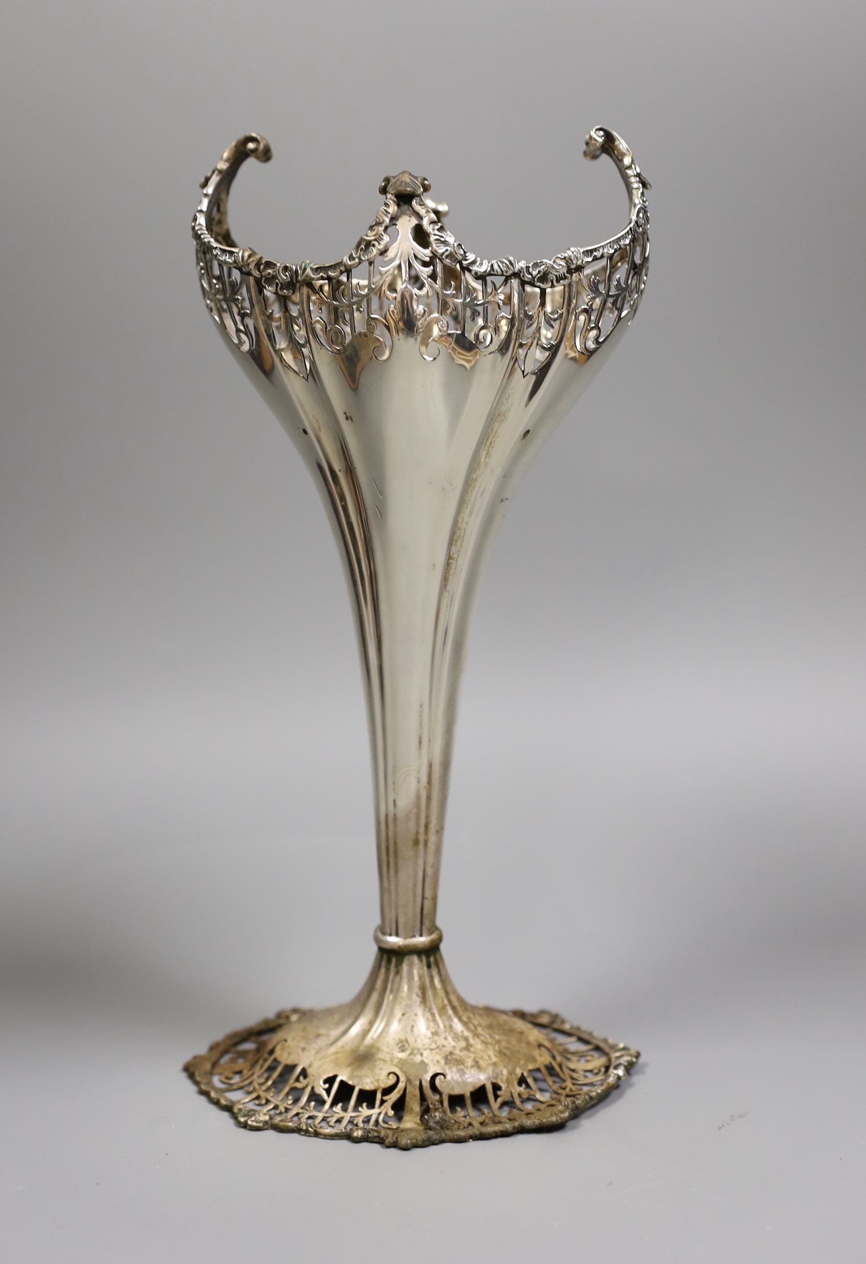 A George V tall pierced silver posy vase, Mappin & Webb, London, 1918, 27.1cm, 11.2oz.